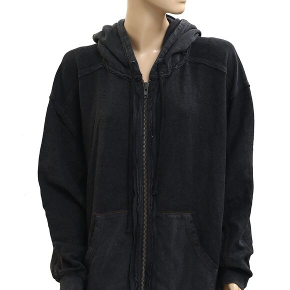 Free People Zip-up Hoodie Jacket Top Oversized Cotton Slouchy Black S 283695 - Picture 3 of 6